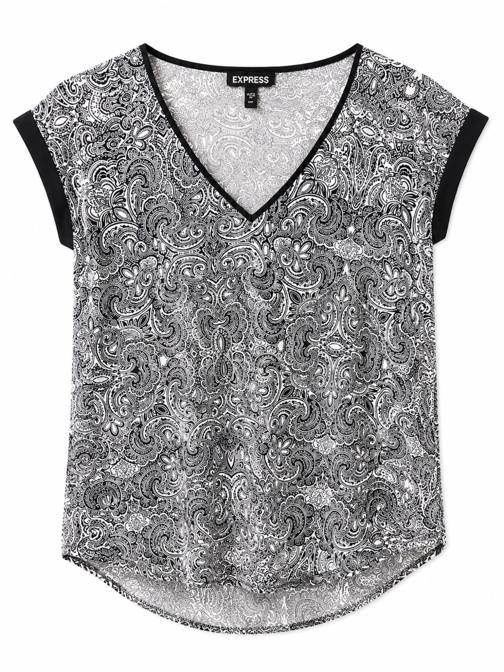 Express Black & White Paisley V-Neck Short Sleeve Tee